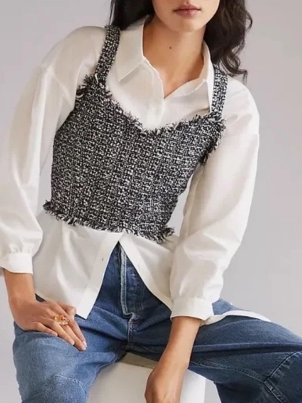 Anthropologie X Mare Mare Black Tweed Sleeveless Cropped Blouse